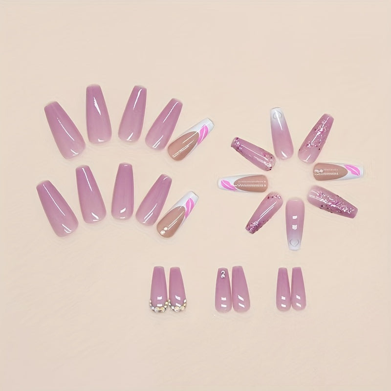 24pcs Long Coffin Press-On Nails Set, Ballet Shape, French Red Lip Sparkle, Versatile Pink Tones, with Nail File, Jelly Glue, and Nail Remover Stick, Love & Rhinestone Design, Beauty Personal Care